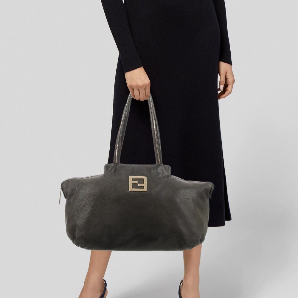 Fendi Brown Leather Nubuck Chain Handle Tote bag Handbag